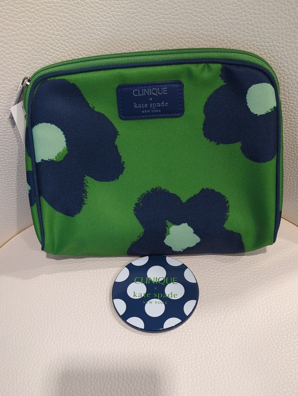 kate spade x Clinique Green and Navy Floral Cosmetic Pouch and Compact Mirror